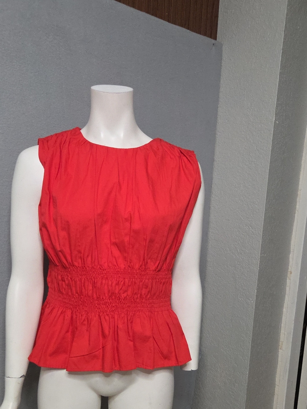 Women's Calvin Klein Red Sleeveless Smocked Waist Peplum Blouse